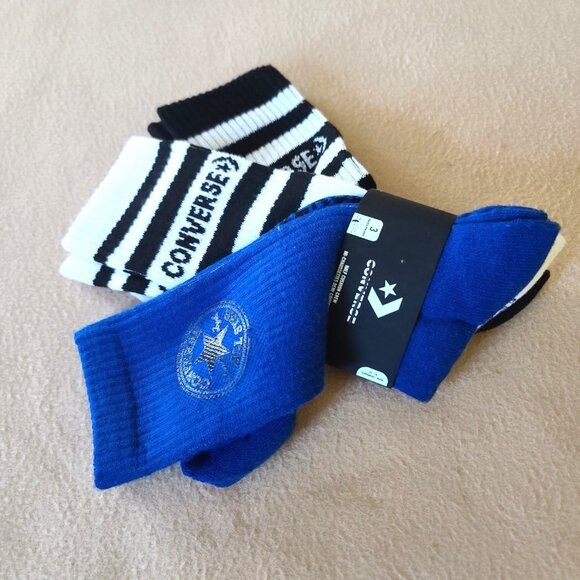 Converse Other - Converse Half Cushion Crew Socks 3 Pack White Blue Mens 6-12 Striped Logo NWT